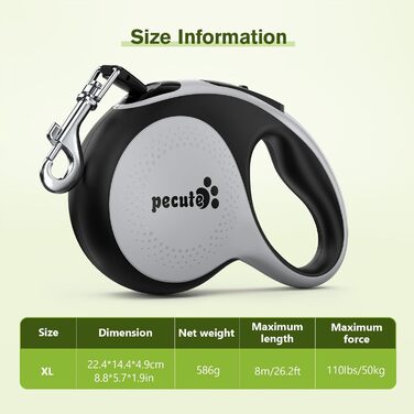 Рулетка для собак Pecute 8м, 50 кг, зелена/сіра, антизаплутування, швидке гальмування