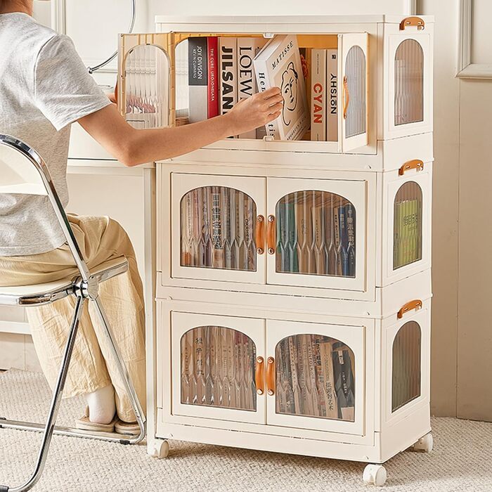 Foldable Kitchen Cabinet 98cm Storage Cabinet with 3 Doors and Wheels, Kitchen Cabinet for Living Room, Kitchen, Office, Large White
