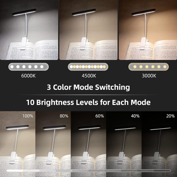 Ліхтарик для читання на прищіпці з USB-C, 2 шт. - регульована яскравість, 3 кольори, гнучкий Ш-подібний тримач, дитячий нічник