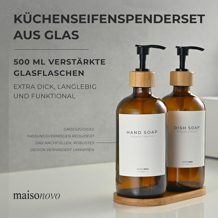 Набір дозаторів для мила та рідкого миючого засобу MaisoNovo | 2 шт. скляні дозатори 500 мл з бамбуковою помпою | Білий колір