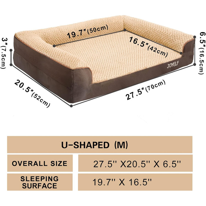 Ортопедичне ліжко для собак Joyelf середнього розміру, U-подібне диван з піни, знімний та пральний чохол та антиковзаюча підкладка для собак маленьких та середніх порід - Колір кавовий - 70*52*16.5 см