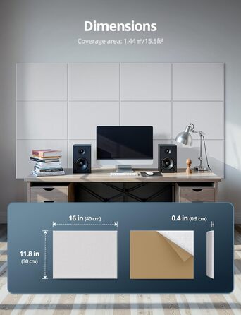 Акустичні панелі для звукоізоляції стін прямокутні, шумопоглищаючі панелі високої щільності з самоклейкою, білі (30x40x0.9 см, 12 шт)