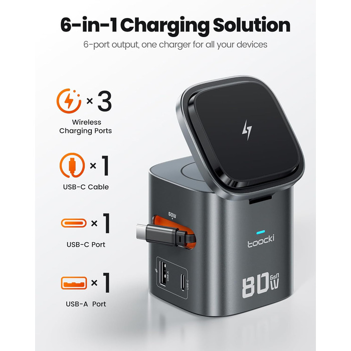 Зарядний пристрій Toocki 80W GaN з USB-C та USB-A, 6 портів, з вбудованим кабелем та MagSafe для MacBook, iPhone 17 Pro Max, Galaxy S24 та інших пристроїв