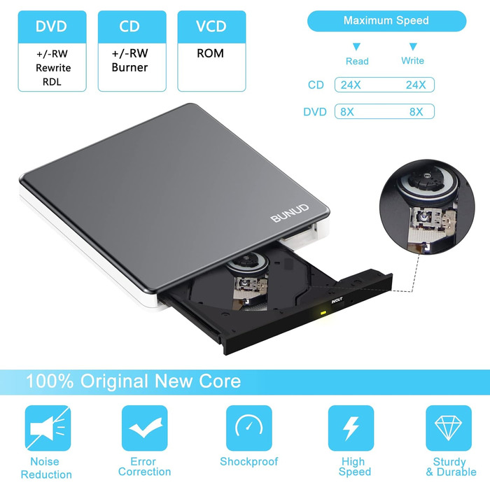 Зовнішній CD/DVD привід BUNUD USB 3.0 та Type-C, портативний DVD-брунер з картридером SD/TF та 2 USB-портами для ноутбука, PC, iMac, Windows та macOS, сіро-білий