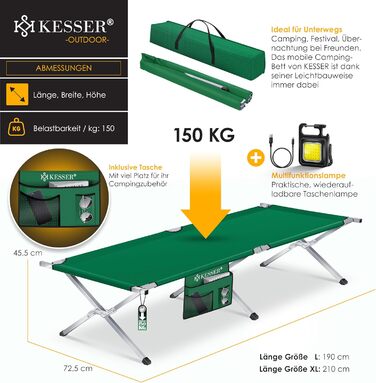 Кемпінг-ліжко KESSER® Klappbett з сумкою, ліхтарем та кишенею, 190 см, сталевий каркас, 600D Oxford, зручне для подорожей