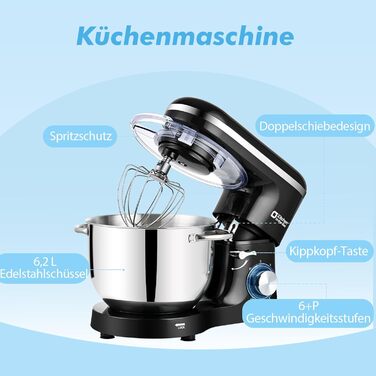 Кухонна машина Küchenmaschine 6.2 л, 1400 Вт, 6 швидкостей, з набором насадок (міксер, гак для тіста, вінчик), чорний колір