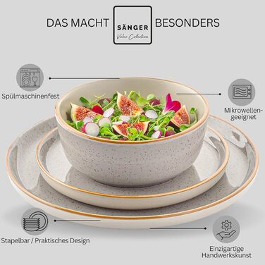 Набір посуду SÄNGER Rio Perlgrau: 12 предметів, керамічний сервіз для 4 осіб (4 тарілки, 4 десертні тарілки, 4 миски). Сервіз сірого кольору, VALUE COLLECTION