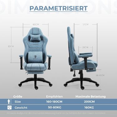 Ігровий крісло Dowinx з тканини, ергономічний геймерський крісло з м'якими підлокітниками, стабільний ігровий та офісний крісло для тривалого сидіння, блакитний