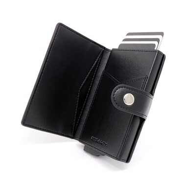 Гаманець чоловічий RFID Stealth Wallet - мінімалістичний висувний картхолдер з алюмінію та шкіри (чорний). Захист від сканування карт