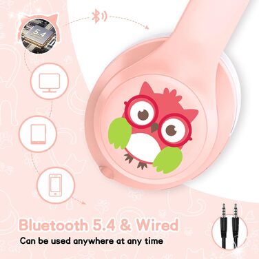 Дитячі навушники LOBKIN Bluetooth Over-Ear з чохлом, рожеві, ANC, складні, регульовані, для школи та подорожей