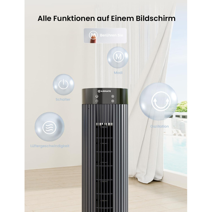 Турбовентилятор AIRMATE: 12 швидкостей, пульт ДУ, 10 м/с, 110 см, 3 режими, таймер 12 год, LED дисплей, 40W, сірий