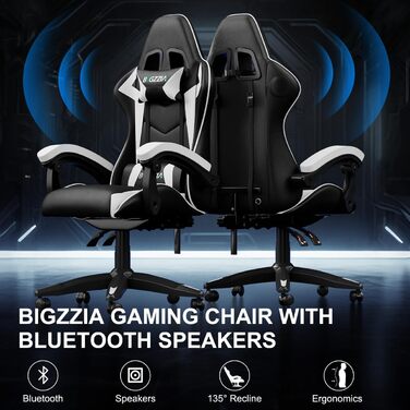 Геймерське крісло Bigzzia Ergonomisch з підтримкою попереку та голови, Bluetooth, чорно-біле, регульована висота, для підлітків та дорослих