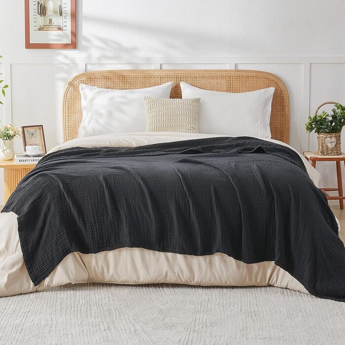 Плед EMME з 100% мусліну: м'який, дихаючий, великий, для дорослих, універсальний, бежевий (150 x 200 см)