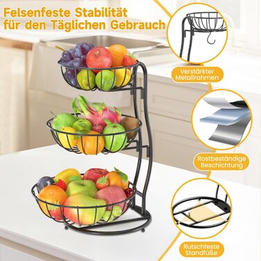 PouHenier 5-ярусная фруктова корзина для кухні, металева етажерка для фруктів та овочів, з тримачем для бананів, чорного кольору