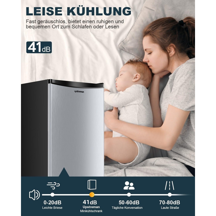 Холодильник Upstreman 91L з функцією швидкого охолодження, 5 температурних режимів (1-8℃), енергоефективний, 41 дБ, компактний та місткий, для студентського гуртожитку/офісу, BR321 (срібний)