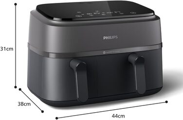 Philips Dual Basket Airfryer 3000 Series, 9L, 2 Drawers, Sync Function, Rapid Air Technology, Versatile Large Hot Air Fryer, 90% Less Fat and Energy Saving, HomeID App (NA350/00)