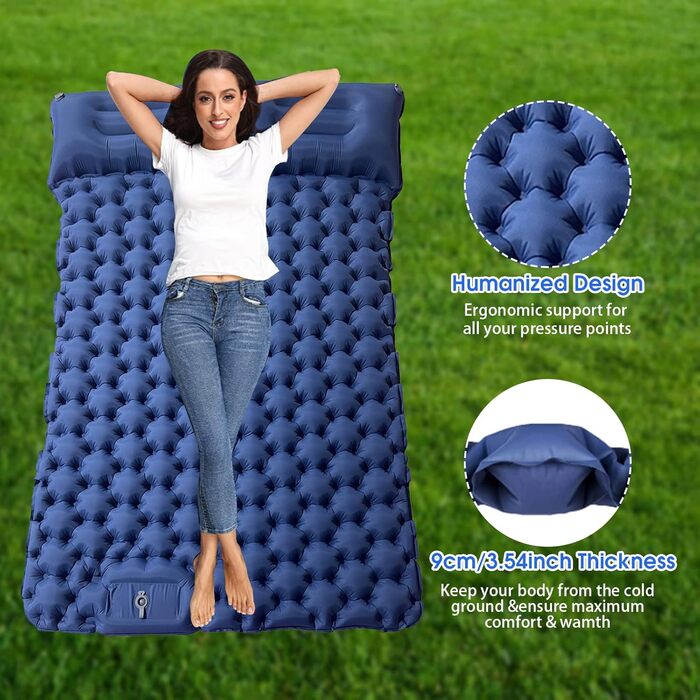 Надувний килимок для кемпінгу Mumisuto Isomatte на 2 особи з самонадуваванням, з насосом-пресом та подушкою, 196 x 125 x 9 см, блакитний