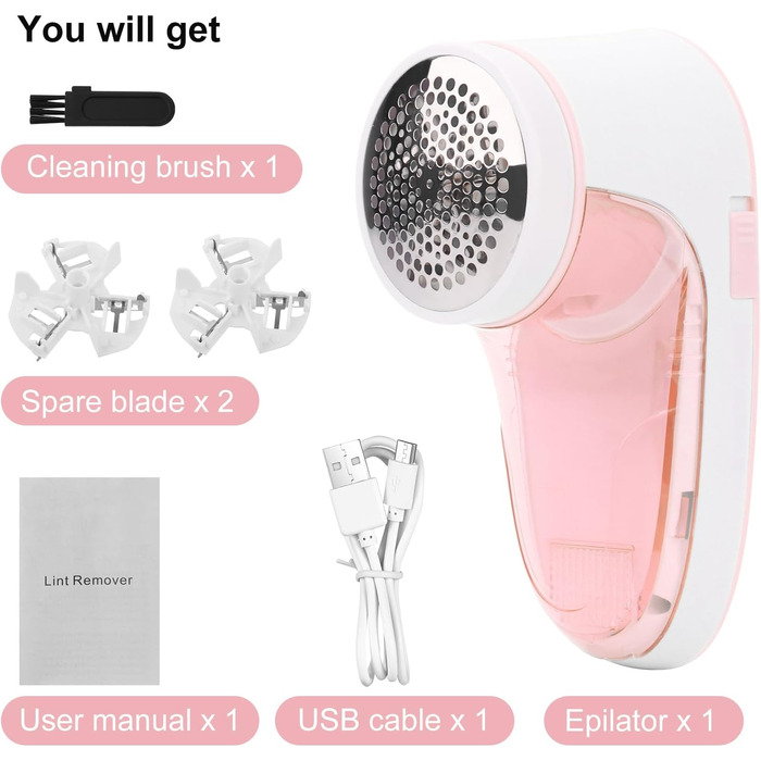 Електричний видальник ворсу для одягу та в'язаних виробів з USB-кабелем та 2 змінними лезами (рожевий)