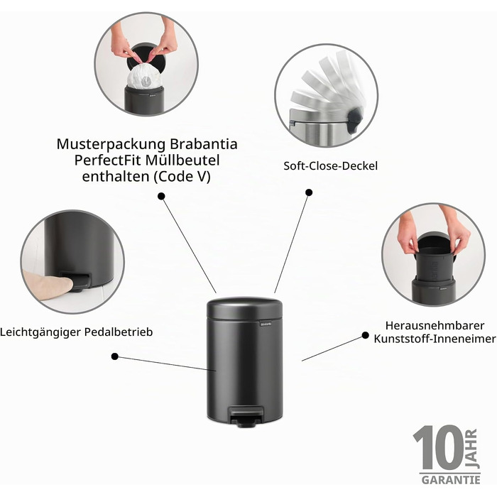 Сміттєвий відер Brabantia NewIcon для ванної кімнати з педаллю та кришкою, 3 л, сірий (Confident Grey)
