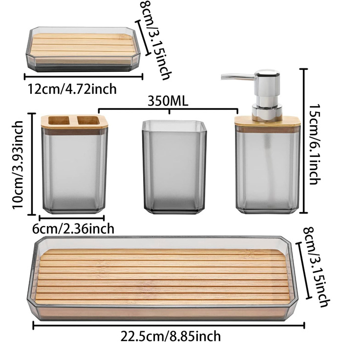 Набір аксесуарів для ванної кімнати FEILANDUO, 5 шт: дозатор для мила, мильниця, тримач для зубних щіток, стакан для води, піднос для косметики, Бохо, сучасний дизайн (сірий)