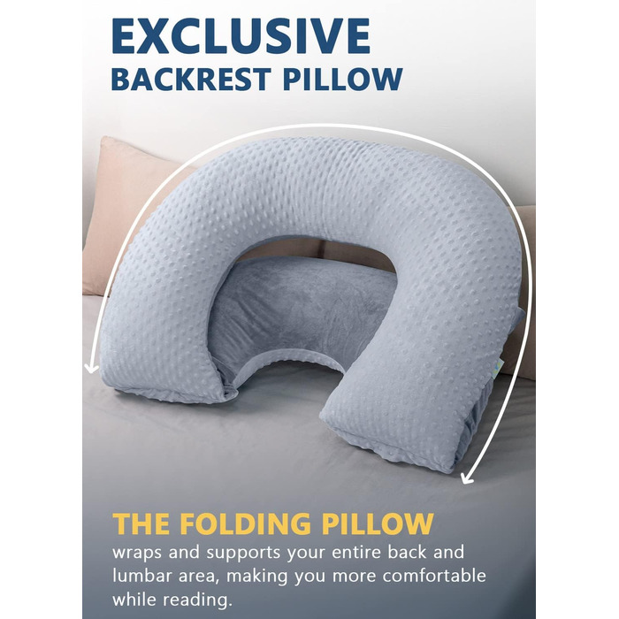 Інсен подушка для читання, спинка для сидіння в ліжку, для читання, відпочинку, медсестер, дорослих, матерів, дітей, для пресування живота, блакитна (з велюровою обробкою)