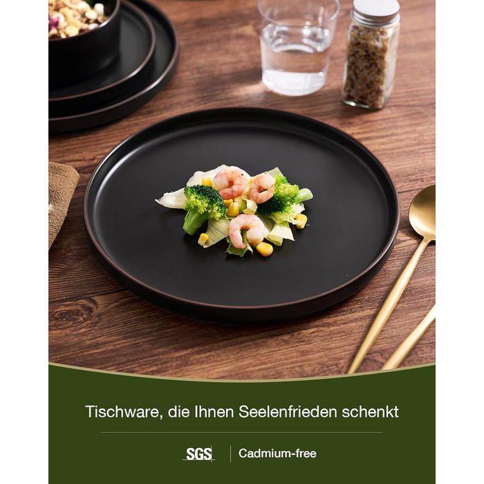 Набір посуду Mercury, 12 предметів: тарілки, супові миски, десертні тарілки, набір для 4 осіб, кераміка, колір графіт (матовий чорний), безпечний для мікрохвильової печі та посудомийної машини