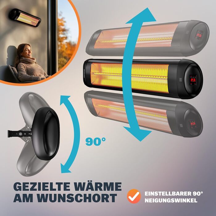 Інфрачервовий обігрівач MONZANA® MZH2501 з таймером, 2500W, 3 режими, 24 год, пульт ДУ, кут нахилу 90°, електричний, для тераси, чорний