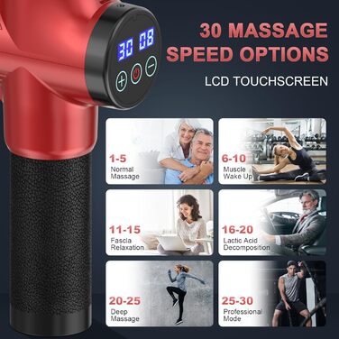 ALDOM Massage Gun - Electric Muscle Massager with 30 Speed Settings & 8 Attachments - Red