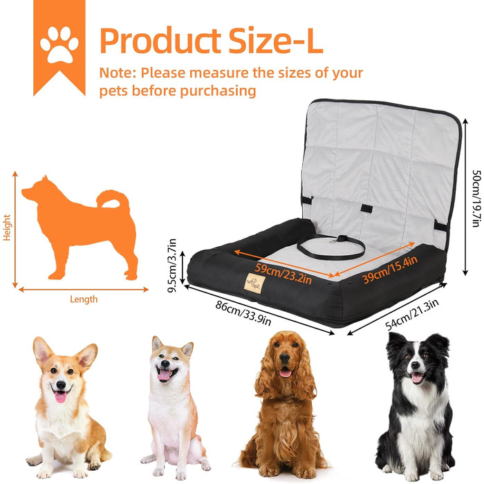 BingoPaw Dog Car Seat for Medium Dogs - Secure & Waterproof Pet Seat Cover for Back or Front Seat - Reinforced with Seat Belts - 66x55x49 cm