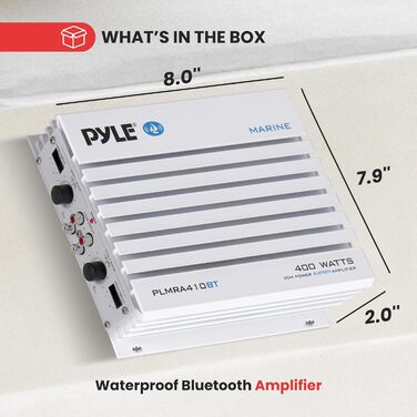 Pyle 2.1 Bluetooth морський підсилювач-ресивер, водонепроникний 4-канальний аудіо підсилювач для стерео колонок, 400 Вт, Dual-MOSFET, PLMRA410BT