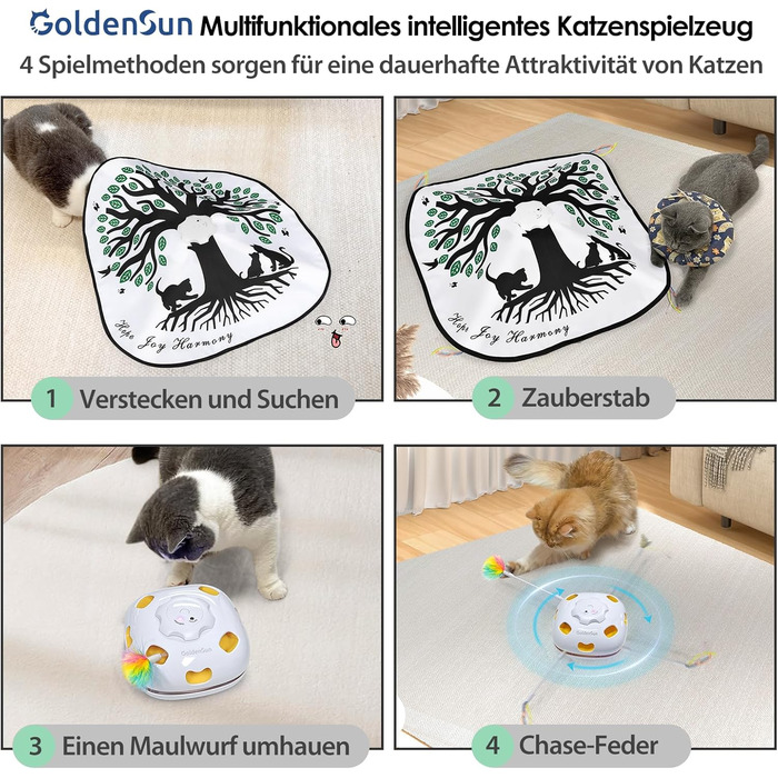 GoldenSun Cat Toy, Rechargeable, Interactive 4-in-1 Toy for Indoor, Hide-and-Seek Toy for Kittens, Whack a Mole Motion, Electronic Cat Toy for Exercise (Tree of Life)