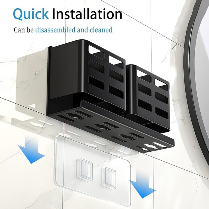 Тримач для зубних щіток на стіну без свердління, алюміній, чорний колір, самоклеюча кріплення для зубних щіток, пасти, бритви та гребеня