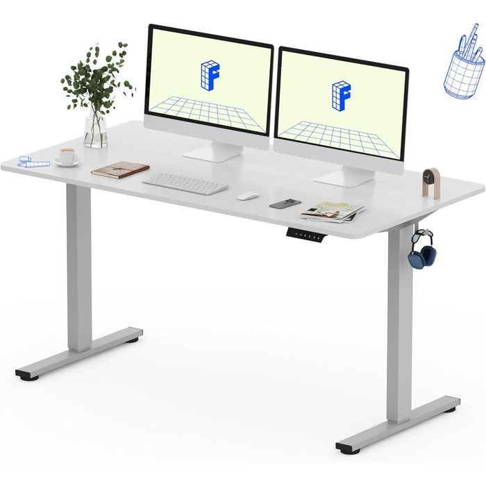 Регульований стіл FlexiSpot Basic з кабель-менеджментом, гачками та з'єднаною стільницею. Ергономічний офісний стіл для дому та офісу (120x60 см, горіх) та (160x80 см, сірий + білий)