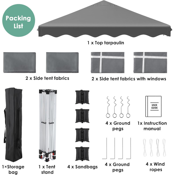 3x3 Gazebo, Waterproof Folding Gazebo Stable and Winter-Resistant, UV Protection 50+, 3x3 Folding Gazebo with 4 Side Walls, Height-Adjustable Garden Gazebo, Foldable Gazebo Tent for Camping, Parties (Gray)