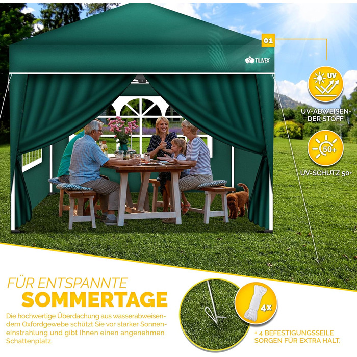 Waterproof Gazebo | Pop-Up Folding Gazebo, Adjustable Height | Garden Tent with UV Protection 50+ | Party Tent with Bag for Garden (3x3m - with 4 Side Walls, Green)