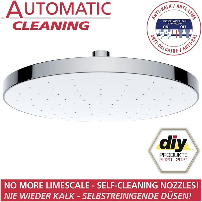 WENKO Showerhead Automatic Cleaning - Anti-Limescale Universal Showerhead with Automatic Cleaning System, Plastic (ABS), 22.5 x 22.5 cm, Silver Glossy, Chrome, 24000100