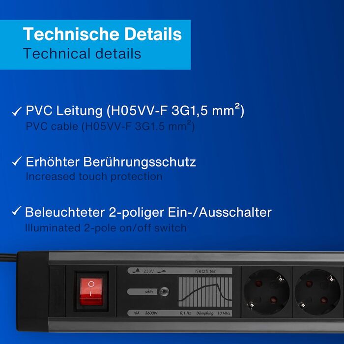 Многофункціональна мережева розетка REV SupraGuard 4-fach з вимикачем, 2.5м кабелю, захистом від перенапруги та фільтром, антрацит-чорний