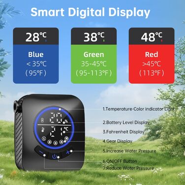 Митрікс Душ для кемпінгу портативний, 8000mAh з індикатором температури, 19 л, складаний відро, для кемпінгу, подорожей, саду, піших прогулянок, миття авто (чорний)