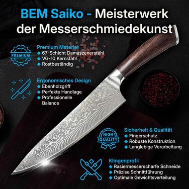 Набір кухонних ножів BEM Master Chef 6 шт. з підставкою: кухонний, овочевий, хлібний, універсальний ножі + точилка (дамаст)