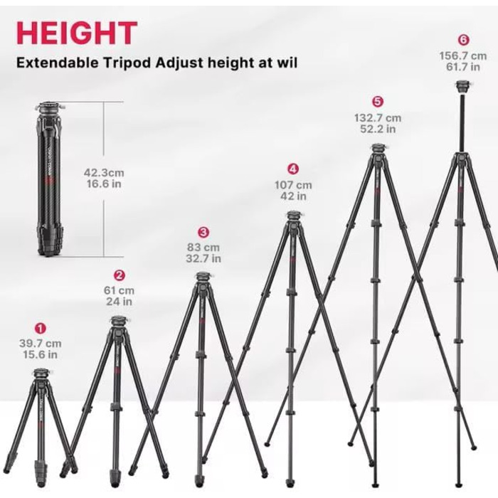 Карбоновий штатив для камери COMAN Zero Y з панорамною кулькою 360° та Arca Swiss, відеоштатив для DSLR, висота 15.3–156.7 см, навантаження до 18 кг