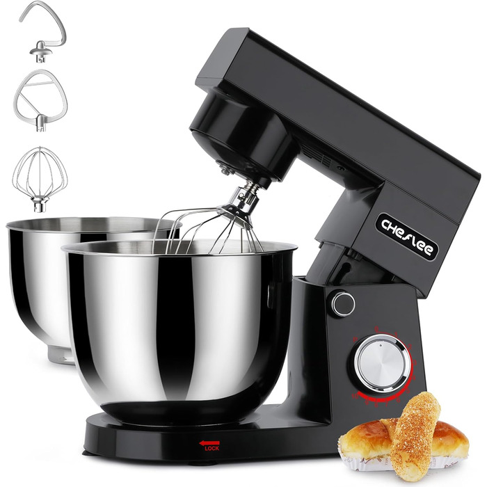 Кухонна машина Cheflee 1500W з чашами 4.5L та 5.5L з нержавіючої сталі, 10+ швидкостей, міксер з гаками для тіста та вінчиком, сплеск-захист (Чорний)