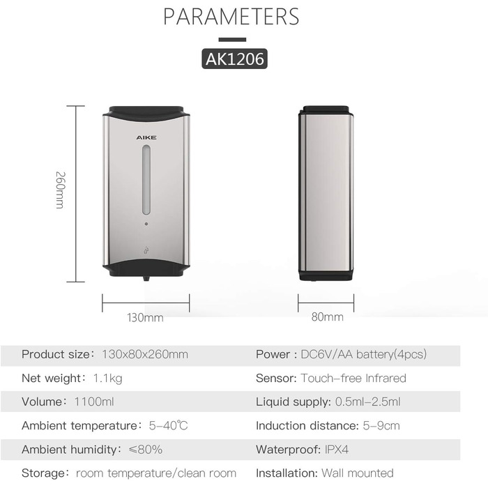 AIKE Automatic Stainless Steel Soap Dispenser, 1100ml - Commercial Wall Mount Soap Dispenser with Window, AK1206 Brushed Stainless Steel