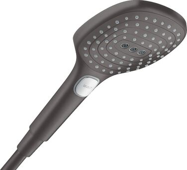 hansgrohe Raindance Select E - water-saving showerhead 9 l/min (EcoSmart), handheld shower with 3 spray patterns, square shower head (120 x 120 mm), water-saving showerhead with anti-limescale function, 26521000 (Brushed Black Chrome, 3 spray patterns)