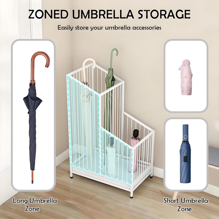 Металева підставка для парасольок квадратна з піддоном для збору води, чорна (S) — компактна тримачка для парасольок та тростин