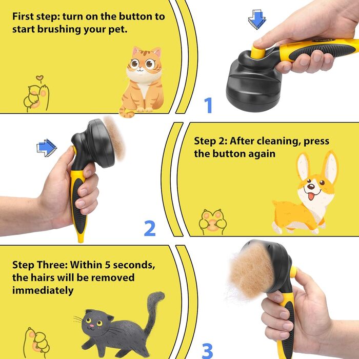 Бурштина для догляду за тваринами 2-в-1: щітка та гребінь для собак та котів, самоочисна, жовта