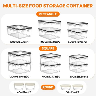 Набір контейнерів для зберігання продуктів з кришкою, 30 шт. (15 контейнерів + 15 кришок), набір харчових контейнерів, не протікають, BPA-free, для Meal Prep