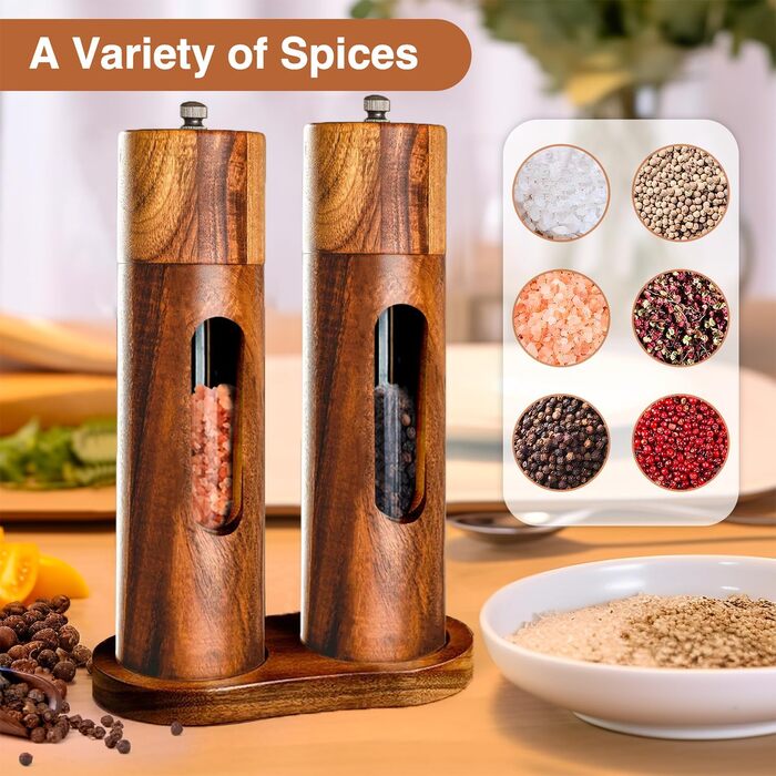 Механічна водяна млин для перцю та солі, набір 2 шт. з регулюванням помелу, керамічний жорно, з підставкою, 21.5 см