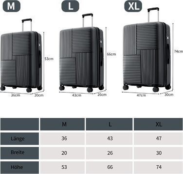 Набір валіз Merax TSA-Schloß 3 шт. (M-L-XL) з телескопічним ручками та 4 колесами, чорний. Валізи ручної поклажі, PP-матеріал, з TSA-замком.