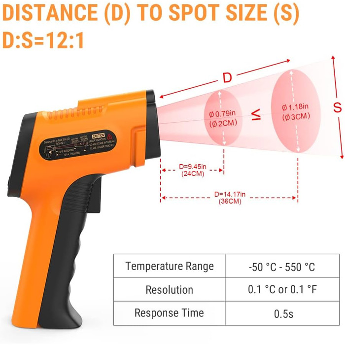 Інфрачервоний термометр ThermoPro TP30 -50°C ~ 550°C, вимірювання температури, лазерний, MAX/MIN/AVG, для клімату, авто, підлоги, °C/°F