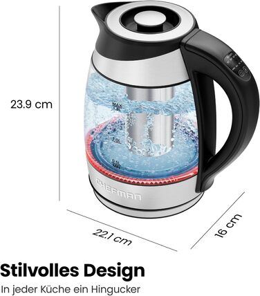 Chefman Electric Glass Kettle with Temperature Control - 1.8L Stainless Steel, Infuser, Auto Shutoff, LED Display